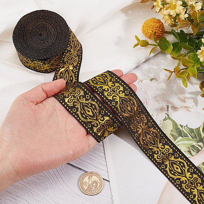 50mm Wide Boho Jacquard Ribbon Embroidery Jacquard Trim 7m Long Black Gold  Ethnic Ribbon Embroidery Polyester Ribbons for Sewing