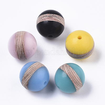 Resin & Wood Semi Circle Beads, Waxed, Round, Mixed Color, 15mm, Hole: 1.6mm