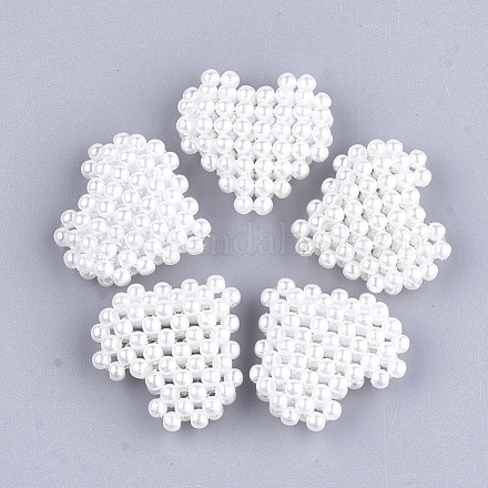 手作りのABS樹脂の模造パールの編みビーズ  ハート  ホワイト  22.5x23~23.5x7~8mm X-FIND-T039-17-1