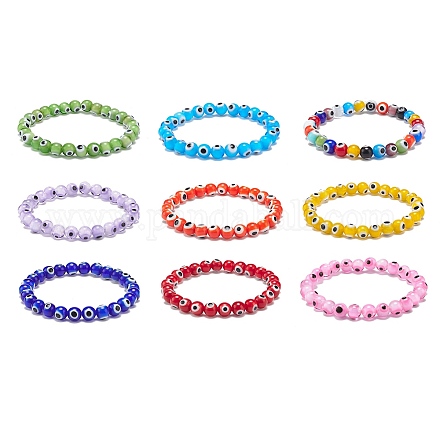9 pièces 9 couleurs à la main mauvais œil au chalumeau rond perlé extensible bracelets ensemble pour enfants BJEW-JB08899-1