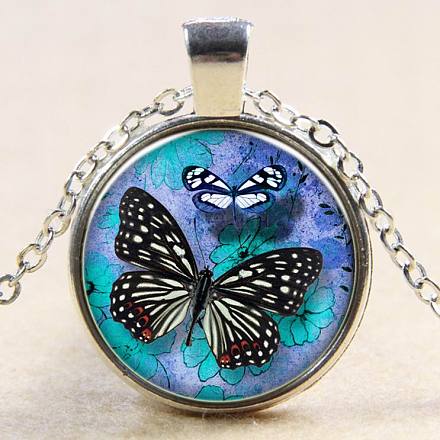 Colliers avec pendentif plat rond en verre avec motif de papillon NJEW-N0051-008C-02-1