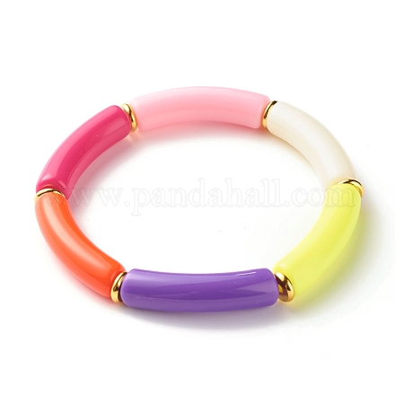 Bracciale elasticizzato con perline a tubo curvo in acrilico color caramello per ragazze donne BJEW-JB07297-03-1