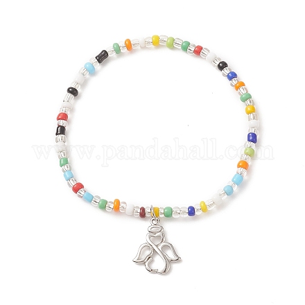 Colorful Seed Beaded Stretch Bracelet with Brass Charms for Women BJEW-JB09218-03-1