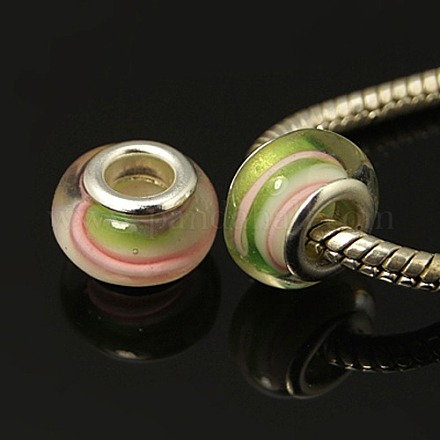 Yellow Green Handmade Rondelle Lampwork Large Hole European Beads with Silver Plated Brass Double Cores X-LPDL-031F-06-1