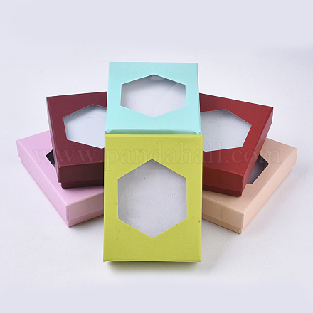 厚紙のジュエリーボックス  リングのために  ネックレス  ピアス  六角形の透明な窓と内側にスポンジ  長方形  ミックスカラー  9.2x7.2x2.5cm CBOX-N012-09-1