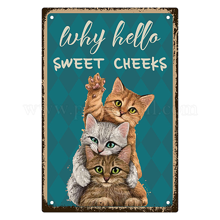 CREATCABIN 3 Cat Metal Tin Sign Why Hello Sweet Cheeks Funny Tin Sign Vintage Metal Poster Sign Retro Hanging Wall Art Decor for Home Bathroom Kitchen Living Room Christmas 8 x 12inch AJEW-WH0157-556-1