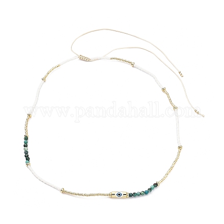 Verstellbare Miyuki-Samen- und natürliche afrikanische Türkis- und Messing-Perlenketten mit bösem Blick NJEW-O127-03-1