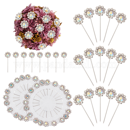 PH PandaHall 40pcs Bouquet Pins Rhinestone Flower Pins 43mm Corsages Pins Floral Head Pins Flower Long Pins Glittering Dress-Making Pins for Wedding Dress Making Bridal Flower Jewelry Decoration FIND-WH0111-322-1