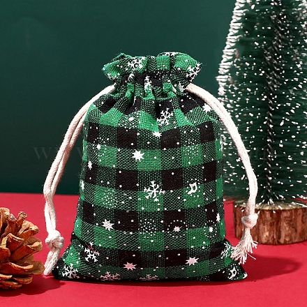 クリスマスをテーマにした黄麻布の巾着バッグ  クリスマスパーティー用品用の長方形のタータンチェックポーチ  濃い緑  14x10cm XMAS-PW0001-236F-1
