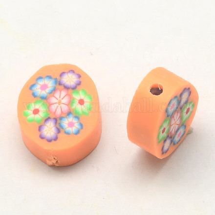 Handmade Polymer Clay Flat Oval with Flower Beads CLAY-Q215-06A-1