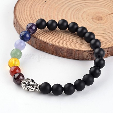 Braccialetti elasticizzati chakra con perline di agata nera naturale (tinta) con testa di Buddha BJEW-JB02226-02-1