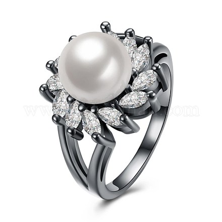 エレガントな真鍮のシェルパールの指の指輪  花  ガンメタ色  サイズ7  17.3mm RJEW-BB23131-7-1