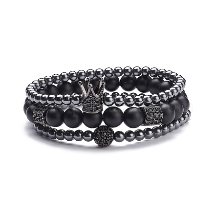 3 pièces 3 style rond synthétique noir pierre et hématite perlé ensemble de bracelets extensibles BJEW-JB07688-02-1