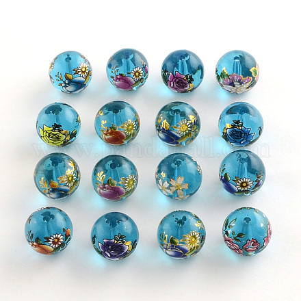 Flower Picture Transparent Glass Round Beads GFB-R004-14mm-M13-1