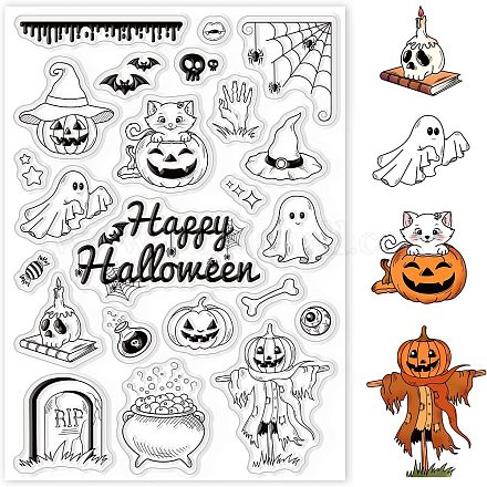 GLOBLELAND Halloween Clear Stamps Ghost Bat Spider Web Pumpkin Cat Silicone Clear Stamp Seals for Cards Making DIY Scrapbooking Photo Journal Album Decoration DIY-WH0167-56-901-1