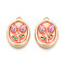 Rack Plating Alloy Enamel Pendants, Oval with Flower Charms, Cadmium Free & Nickel Free & Lead Free, Golden, Light Salmon, 26x18x4~5mm, Hole: 1.6~1.8mm