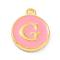 Golden Plated Alloy Enamel Charms, Enamelled Sequins, Flat Round with Alphabet, Letter.G, Pink, 14x12x2mm, Hole: 1.5mm
