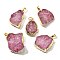 Raw Rough Natural Dyed Quartz Crystal Pendants, Nuggets Charms, with Brass Findings, Light Gold, Pale Violet Red, 21~45x18~39x8~19mm, Hole: 7x4.5mm