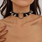 Spiked Rivet Alloy Heart Link PU Leather Choker Necklaces for Women, Platinum, Black, 17.52 inch(44.5cm)