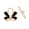 Brass Matte Style Spray Painted Toggle Clasps, Bowknot, Black, Real 18K Gold Plated, 16x17x3.5mm, Hole: 1.2mm, Bar: 4.5x16.5x2mm, Hole: 1.5mm