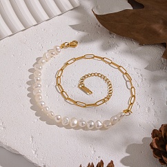Colliers pour femmes composés de perles d'eau douce naturelles et d'une chaîne en acier inoxydable 304 de type trombone., blanc, véritable 18k plaqué or, 13.39 pouce (34 cm)