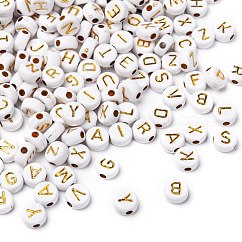 Chapado de abalorios de acrílico, Para pulseras con nombre & fabricación de joyas, metales enlaced, agujero horizontal, letras mixtas, plano y redondo, oro chapado, 7x4mm, agujero: 1.8 mm, aproximamente 3650 unidades / 500 g