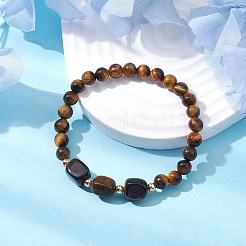 Cubo naturale di occhio di tigre e braccialetti elasticizzati con perline rotonde&nbsp;BJEW-JB10807-03