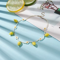 Collana pendente limone in resina con catene di fiori con perline di vetro da donna&nbsp;NJEW-TA00057