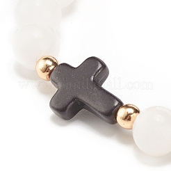 Эластичный браслет из натурального белого нефрита и синтетической бирюзы (окрашенный) с крестом&nbsp;BJEW-JB08295-01