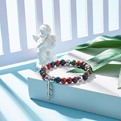 Braccialetto elasticizzato imitazione occhio di tigre con perline rotonde in acrilico con ciondolo piuma per le donne&nbsp;BJEW-JB07568
