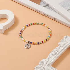 Braccialetto elasticizzato con perline di semi colorati con ciondoli in ottone per donna&nbsp;BJEW-JB09218-01