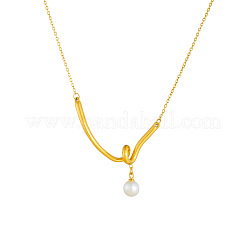 Collares con colgante redondo de perla de imitación en espiral en forma de V de acero inoxidable 304 para mujer.&nbsp;WGD36F5-01