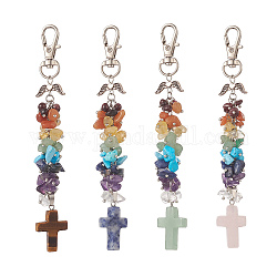 Porte-clés perlé croix de pierres précieuses chakra et puces, avec un alliage pivotant homard fermoirs griffe, 133x20mm