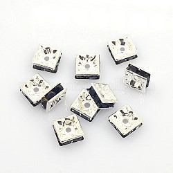 Perles séparateurs en laiton avec strass, carrée, sans nickel, jet, couleur argentée, 8x8x4mm, Trou: 1mm