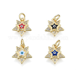 Brass Micro Pave Clear Cubic Zirconia Charms, with Enamel and Jump Rings, Real 18K Gold Plated, Nickel Free, Star with Evil Eye, Mixed Color, 13x11.5x2.5mm, Jump Ring: 5mm in diameter, 1mm thick, 3mm thick