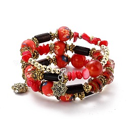 Bracelet boho multi-brins perles turquoises synthétiques irrégulières, bracelet à breloques fleurs, bracelet perles bois & fleurs rondes, bijoux ethniques pour femmes, Or antique, rouge, diamètre intérieur: 1-7/8 pouce (4.9 cm)