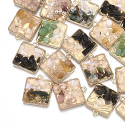 Pendenti di chips di pietra naturale, con accessori in lega, quadrato, oro chiaro, colore misto, 21~21.5x18~18.5x5mm, Foro: 1.8 mm