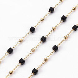 Handgemachte Perlenketten aus Acryl, mit Messing-Zubehör, gelötet, Spule, Viereck, echtes 18k vergoldet, Schwarz, 2.5x2.5x2.5 mm, 2x0.8x0.2 mm, ca. 16.4 Fuß (5m)/Rolle