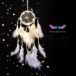Indian Style Cotton Rope Woven Net/Web with Feather Pendant Decoration, with Beads and Shell, without Lamp, White, 54cm