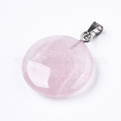 Pendentifs en quartz rose synthétique, avec des bails en laiton de ton platine, plat rond, 22~25x19~21x5~7mm, Trou: 3x6mm