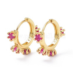 Brass Inlaid Cubic Zirconia Hoop Earrings, Real 18K Gold Plated, Cadmium Free & Lead Free, Flower, Deep Pink, 16x18.5x4mm, Pin: 0.8mm