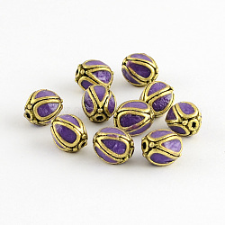Oval Handmade Indonesia Beads, with Alloy Cores, Antique Golden, Dark Violet, 11x9mm, Hole: 1mm
