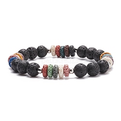 Bracelet extensible perlé en pierre de lave naturelle, bijoux de pierres précieuses d'huile essentielle pour les femmes, noir, diamètre intérieur: 2-1/8 pouce (5.4 cm)