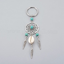 Porte-clés shell cauri, avec les accessoires en alliage de style tibétain, Perles de turquoise synthétique, 316 fermoir porte-clés en acier inoxydable chirurgical, turquoise, 124mm