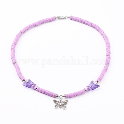 Tibetan Style Alloy Butterfly Pendant Necklaces, with Polymer Clay Heishi Beads and Resin Round Beads, Violet, 18.11 inch(46cm)