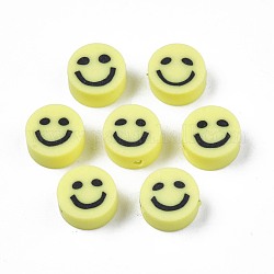 Manuell Polymer Ton Perlen, flach rund mit lächelndem Gesicht, Champagnergelb, 8~9x4 mm, Bohrung: 1.5 mm