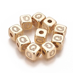 Brass Micro Pave Cubic Zirconia Beads, Horizontal Hole, Real 18K Gold Plated, Long-Lasting Plated, Cube with Letter, Clear, Letter.Q, 9x9x9mm, Hole: 3.5mm