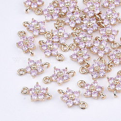 Connecteurs de liens en verre transparent, avec les accessoires en laiton, facette, fleur, or clair, perle rose, 12.5x8x4mm, Trou: 1.4mm