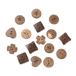 Boutons de noix de coco avec 2-trou, plat rond & coeur & croix & carré & 4 étoile pointue, couleur mixte, 20~25.5x20~25.5x3~3.5mm, Trou: 2mm