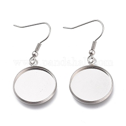 304 Stainless Steel Earring Hooks, with Blank Pendant Trays, Flat Round Setting for Cabochon, Stainless Steel Color, 42mm, Tray: 18mm, 20 Gauge, Pin: 0.8mm